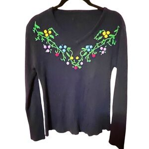 VINTAGE 70S V-NECK SWEATER NAVY BLUE 3D POMPOM FLORAL FLOWERS MULTI-COLOR XS/S